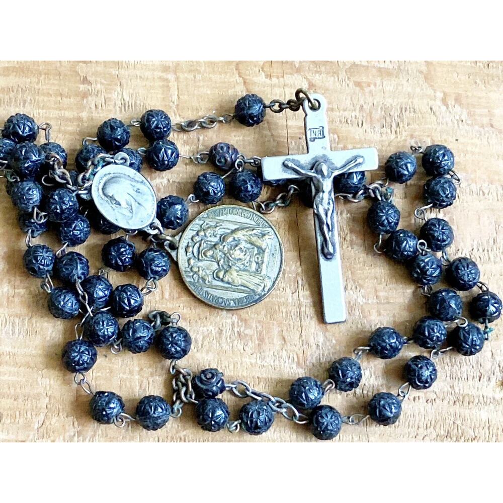 Rosary Bead Mary Jesus Catholic Vintage Black